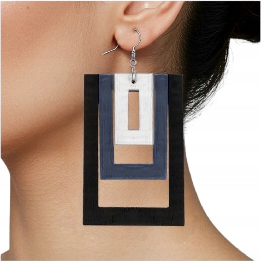 Modern Geometric Rectangle Drop Earrings in Black and Navy - Picture 5 of 8